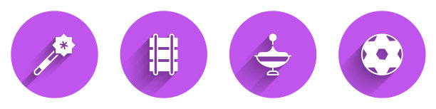 设置魔术棒，玩具铁路，旋转玩具和足球足球图标与长影子。向量图片下载