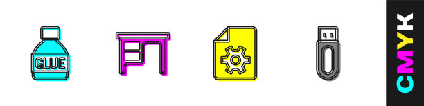设置胶水，办公室办公桌，文件设置和USB闪存驱动器图标。向量图片下载