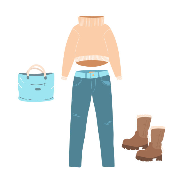 冬季服装套装包括女装，裤子，鞋子，毛衣和可爱的兔子。色彩鲜艳的衣服，明亮温暖的衣服，服装店。平面向量。手绘插图图片下载