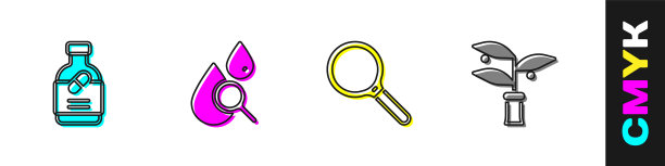 设置药瓶和药丸，滴放大镜，放大镜和植物育种图标。向量图片下载