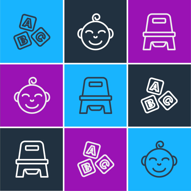 设置一行ABC块，婴儿便盆和小男孩的头图标。向量图片下载