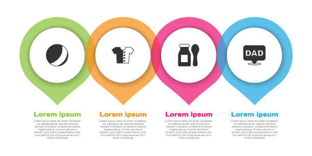 设置沙滩球，婴儿t恤，酸奶瓶与勺子和演讲泡沫爸爸。业务信息模板。向量图片下载