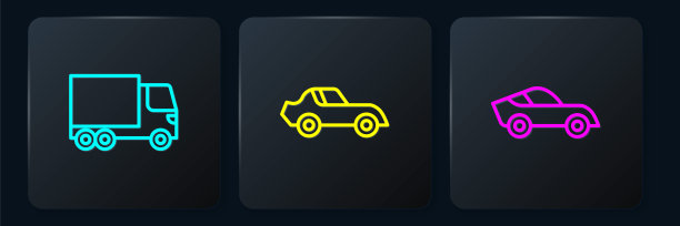 设线运送货车、轿车及。黑色方形按钮。向量图片下载