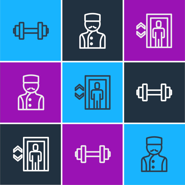 设置哑铃，电梯和礼宾图标。向量图片下载