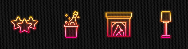 内饰壁炉，星级评定，香槟瓶和台灯。发光的霓虹灯图标。向量图片下载