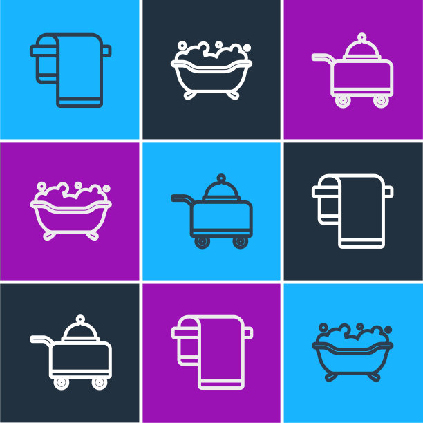 将毛巾晾在衣架上，盖上托盘食物和浴缸图标。向量图片下载