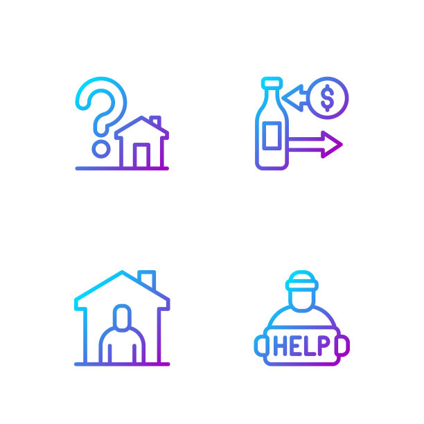 帮助无家可归者，庇护所，带问号的房子和接待玻璃瓶。渐变颜色图标。向量图片下载