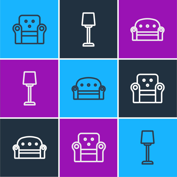 设置线条扶手椅、沙发和台灯图标。向量图片下载