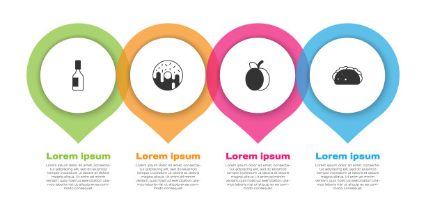 设置塔巴斯科沙司，甜甜圈，梅子水果和玉米薄饼卷。业务信息模板。向量图片下载