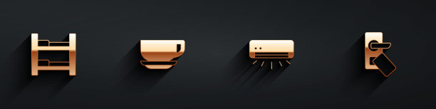 设置酒店客房床，咖啡杯，空调和数字门锁图标与长影子。向量图片下载
