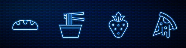 放好草莓、面包、亚洲面和披萨片。砖墙上发光的霓虹灯图标。向量图片下载