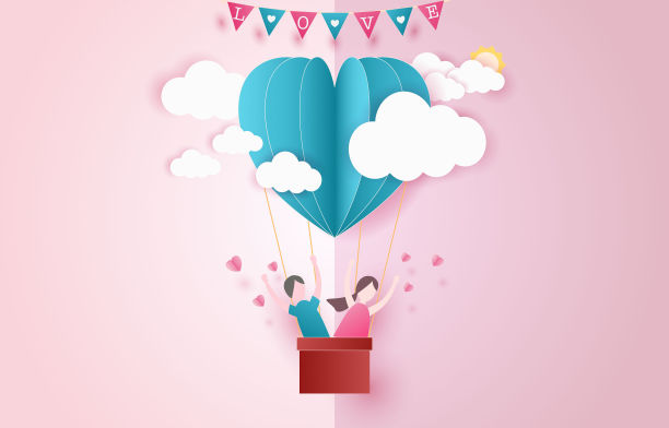 爱情请柬情人节。与情侣在蓝色的心气球飞翔在多云和晴天的天空。他们是快乐的。文本的爱。粉红色的背景。专为情人节、节日、贺卡设计。图片下载
