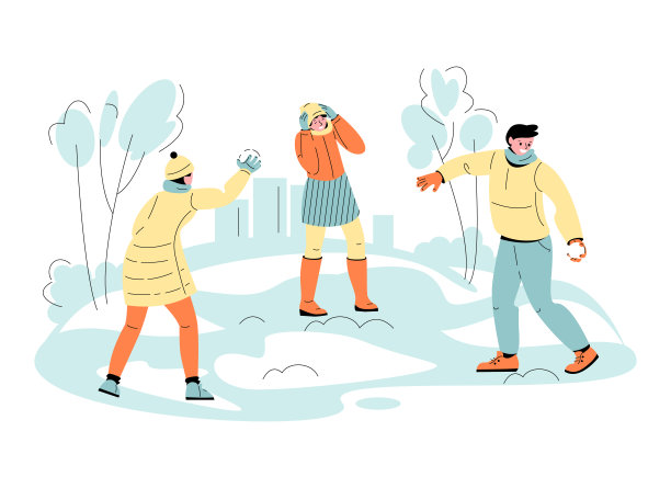 年轻人男孩和女孩玩雪球。有趣的冬季运动。在卡通风格的一组矢量插图。图片下载