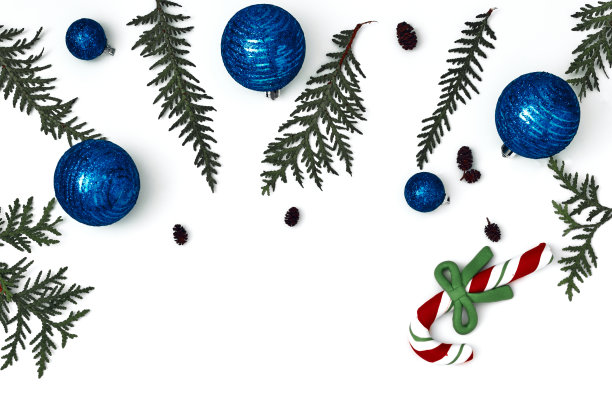 图雅树枝，云杉和新年装饰。复制空间，平铺，模拟，俯视图图片下载