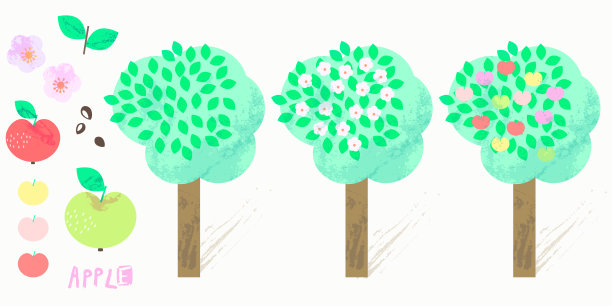矢量平面天真的孩子花园苹果果树插图集图片下载