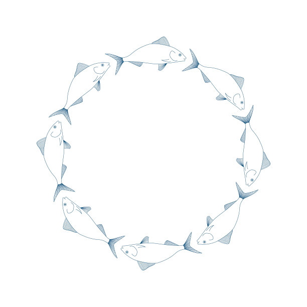 圆形框架与蓝色的鱼。矢量海卡设计。图片下载