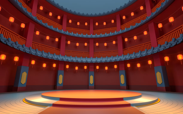 古代圆屋中的圆舞台，中国古典圆屋，三维渲染。图片下载