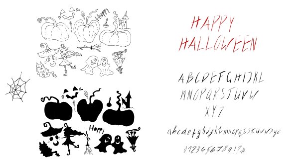 字母，字体，万圣节的字母。幽灵，女巫，南瓜，蝙蝠，蜘蛛网。直线绘画和黑色剪影。图片下载