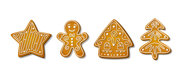 圣诞姜饼饼干孤立在白色背景。冬天的节日糖果形状的房子和姜饼人，树和星星。卡通矢量图图片下载