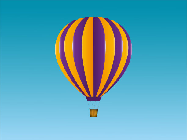 黄色和紫色条纹热气球的插图。蓝色背景。图片下载