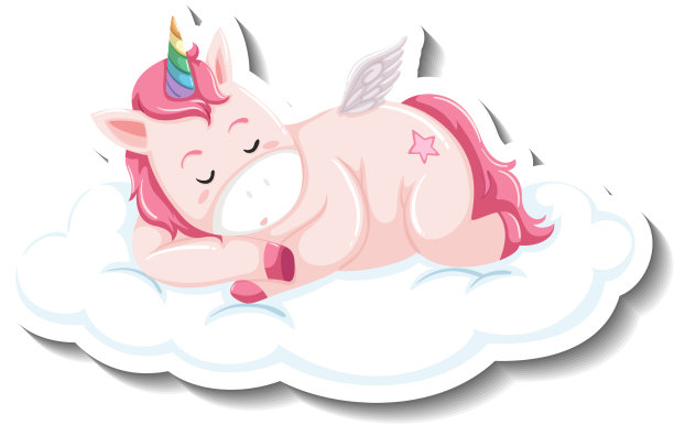 可爱的独角兽睡在白色的云上图片下载