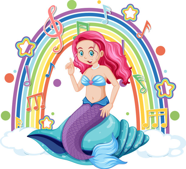 美丽的美人鱼与旋律符号的彩虹图片下载