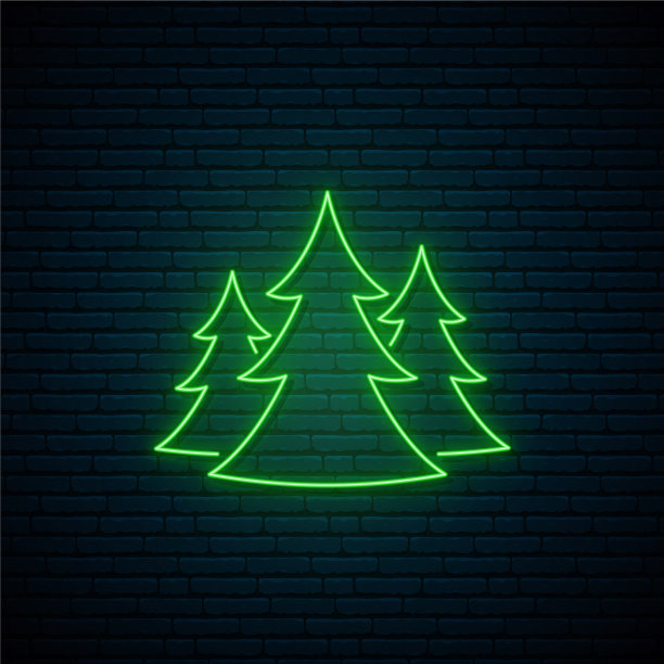 霓虹森林标志发光的绿色冷杉树图标图片下载