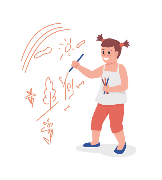 蹒跚学步的小女孩在墙上画半平色矢量人物图片下载