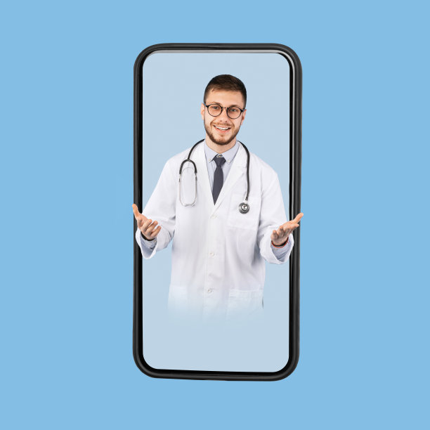 男医生在智能手机屏幕上对着摄像头说话，蓝色背景图片下载