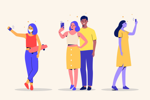 扁平的朋友在拍照和自拍图片下载