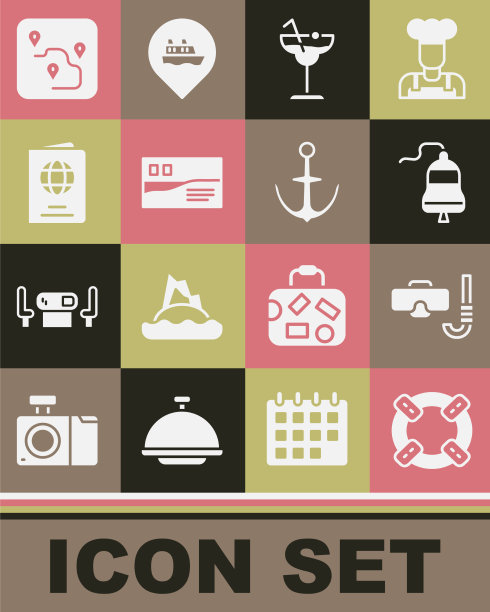 设置救生圈、潜水面罩和通气管船钟图片下载