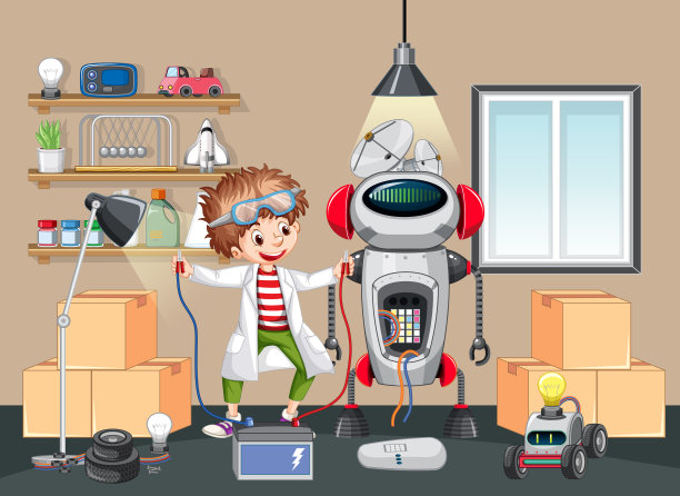孩子们在房间里一起造机器人图片下载