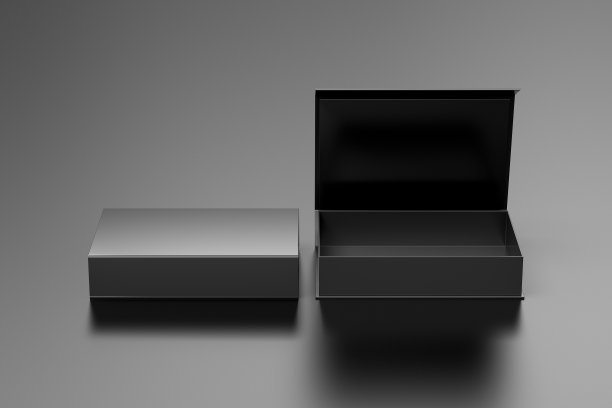 黑色打开和关闭的长方形折叠礼盒模拟黑色背景。前视图。图片下载