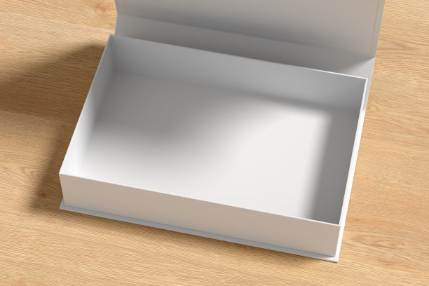 白色打开的长方形折叠礼盒模拟木制背景。侧视图。图片下载