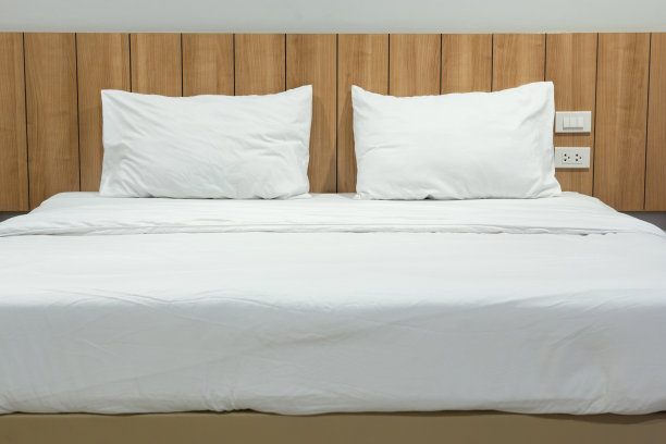 现代的卧室内部与白色枕头和毯子的床图片下载