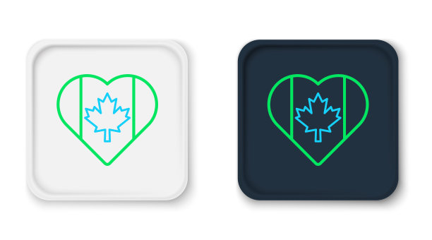 线心形加拿大国旗图标孤立在白色的背景。喜欢加拿大的象征。色彩斑斓的轮廓的概念。向量图片下载