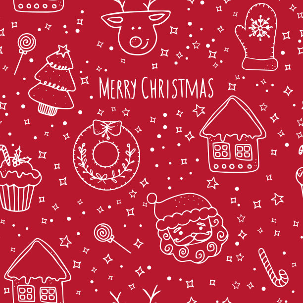 矢量新年无缝模式。圣诞快乐可爱手绘。季节性冬季红色背景贺卡，包装纸，请柬，海报。图片下载