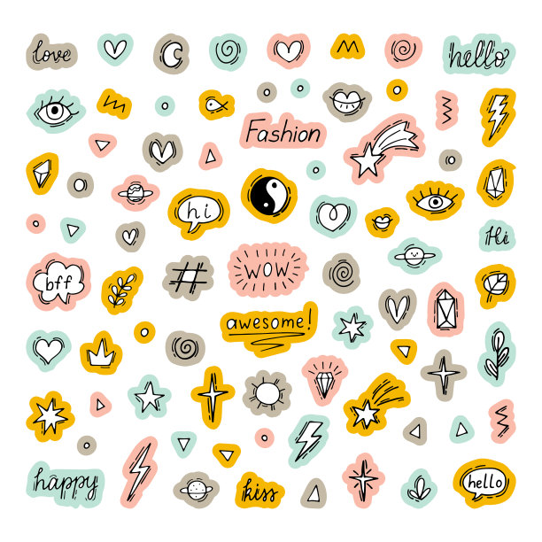 贴纸收集。涂鸦线设置不同的设计元素。纹身设计。可爱的手绘涂鸦。涂鸦装饰图片下载