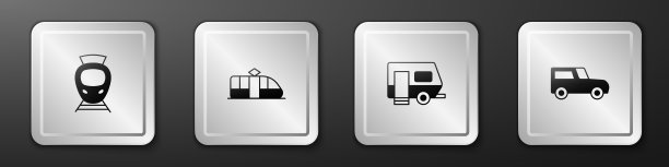 设置有轨电车和铁路，房车露营拖车和汽车图标。银广场按钮。向量图片下载