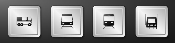 设置巴士、火车、铁路、货运卡车图标。银广场按钮。向量图片下载