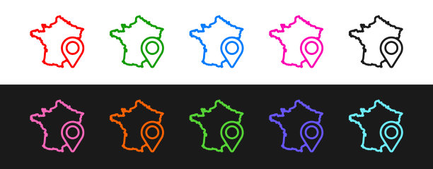 设置线地图的法国图标孤立在黑色和图片下载