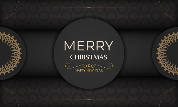 问候手册模板圣诞快乐和新年在黑色与复古橙色图案图片下载