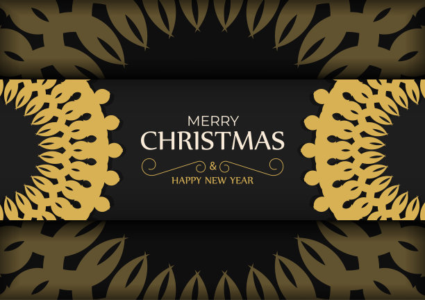 圣诞快乐和新年快乐的明信片模板在黑色与冬季橙色装饰图片下载