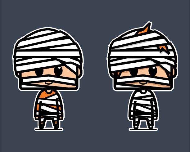 可爱的妈妈性格。男孩在万圣节派对上穿木乃伊服装。图片下载