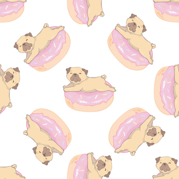 矢量插图。无缝模式哈巴狗和甜甜圈孤立在一个白色的背景。图片下载