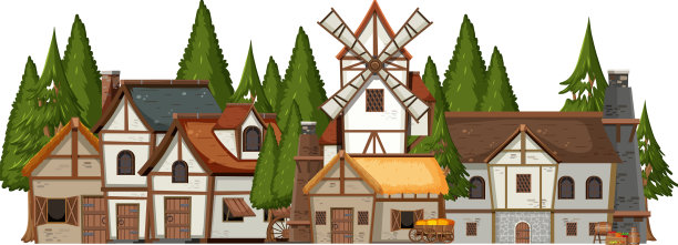 有松林的中世纪村庄图片下载