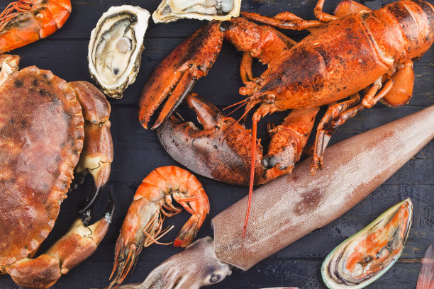 海鲜晚餐，以新鲜的龙虾、螃蟹、贻贝、牡蛎为背景图片下载