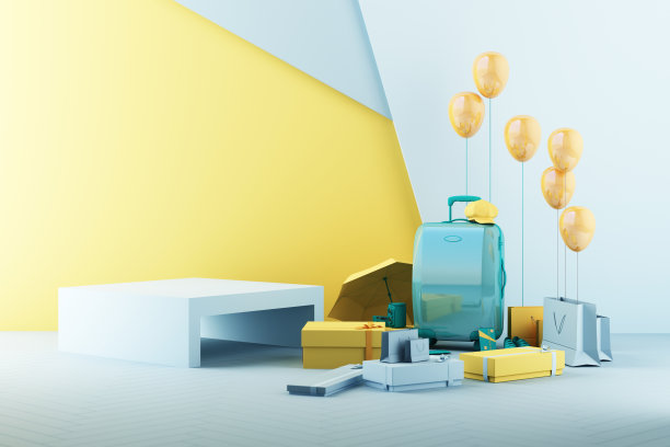 夏季购物概念与行李周围的伞，鞋和相机和礼品盒上流行的几何形状背景黄色和绿色的产品支架3d渲染图片下载