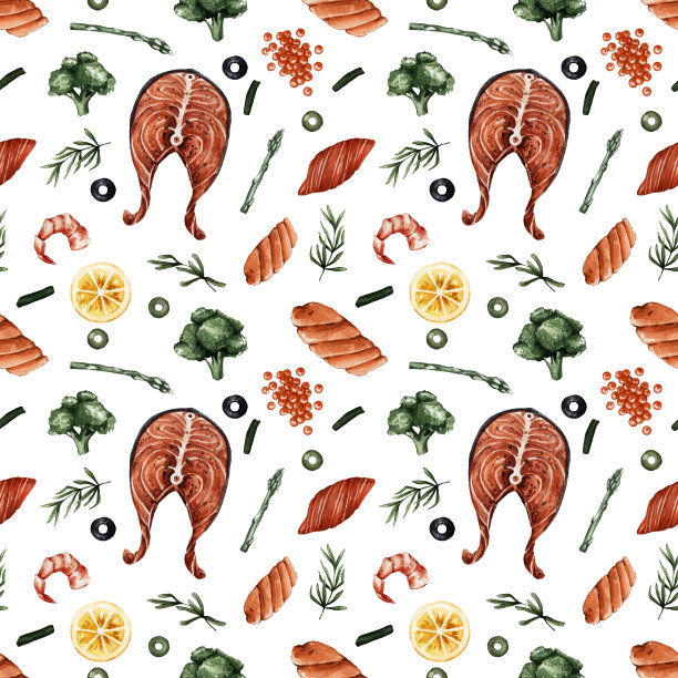 无缝图案与海鲜在水彩风格。健康有益健康的食物。红鱼排，花椰菜，虾。纹理餐厅，菜单，酒吧，咖啡馆。图片下载