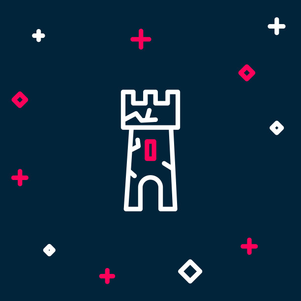 线城堡塔图标孤立在蓝色背景。堡垒的迹象。色彩斑斓的轮廓的概念。向量图片下载